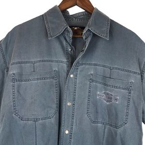 Harley Davidson Mens Chambray Shirt Snap Button Large Embroidered Logo Pockets
